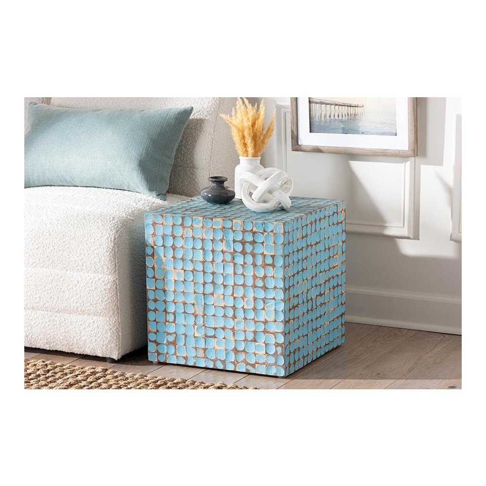 Janella Bohemian Sky Blue Coconut Shell and Acacia Wood End Table
