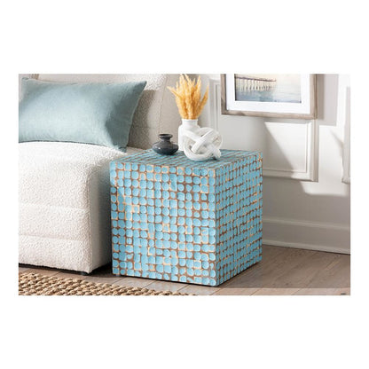 Janella Bohemian Sky Blue Coconut Shell and Acacia Wood End Table