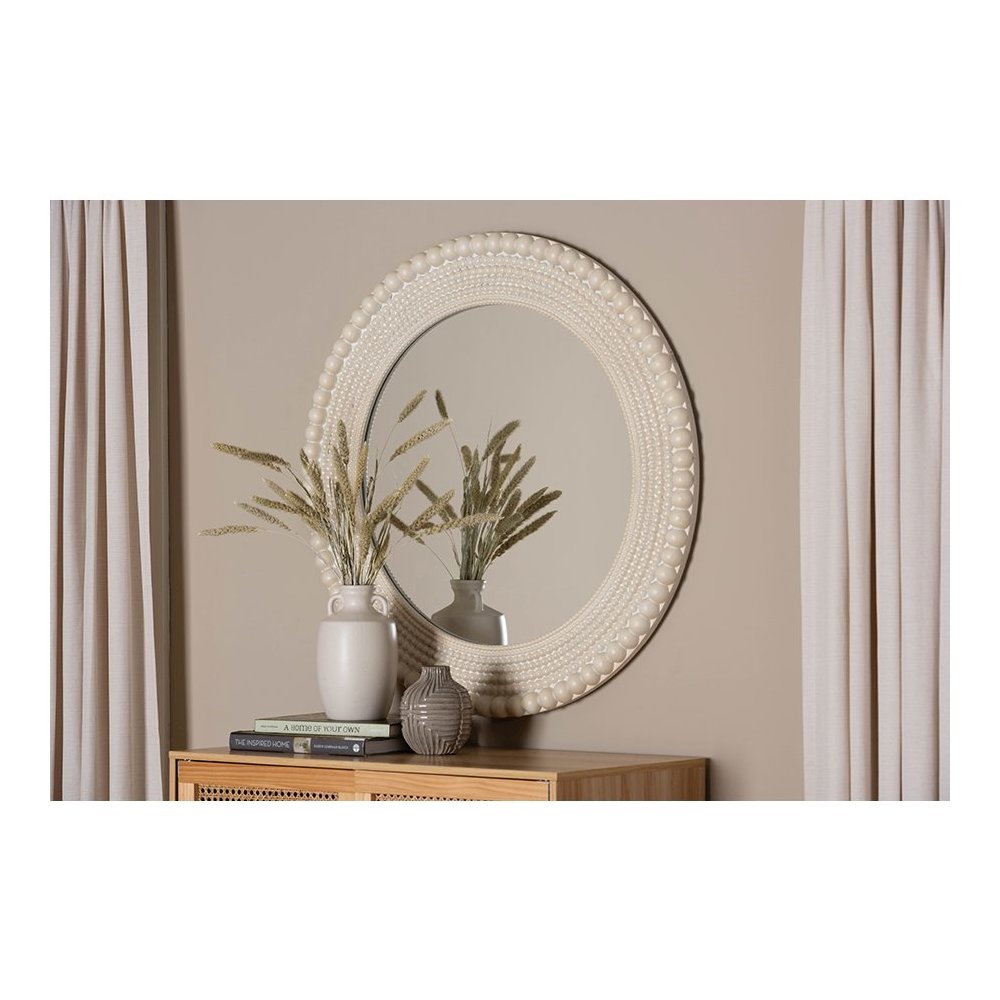 Grazia Modern Round Beaded-framed Accent Mirror in Pearl White