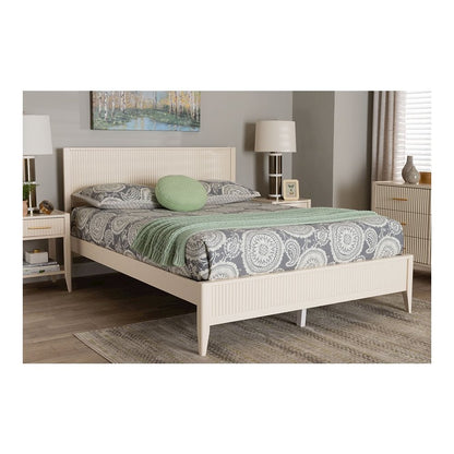 Primrose Mid-Century Ivory Fluted Wood Queen Size Platform Bed