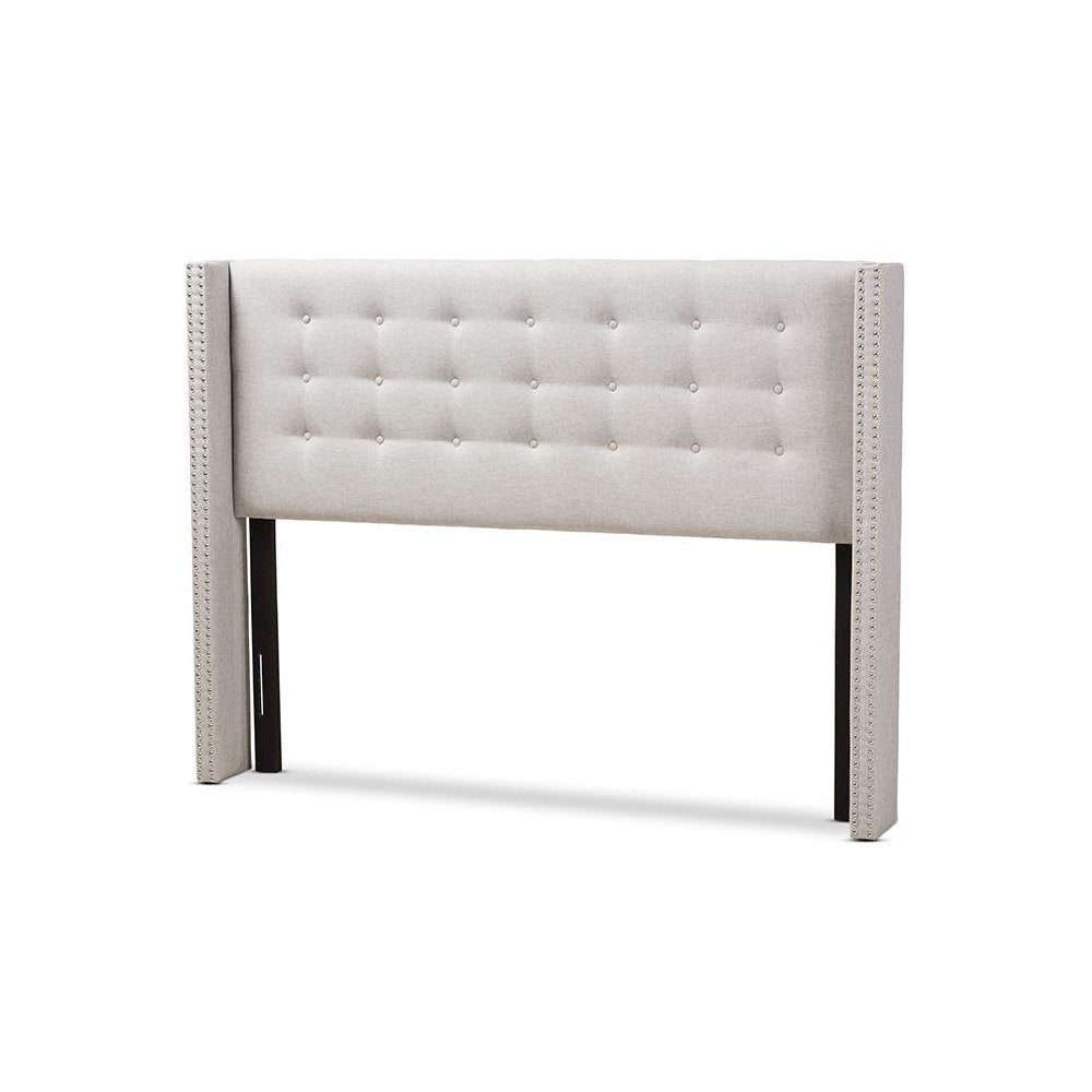 Greyish Beige Fabric Button-Tufted Nail head King Size Winged Headboard
