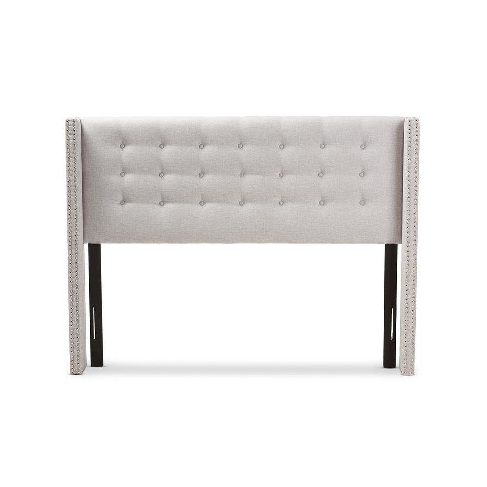Greyish Beige Fabric Button-Tufted Nail head King Size Winged Headboard