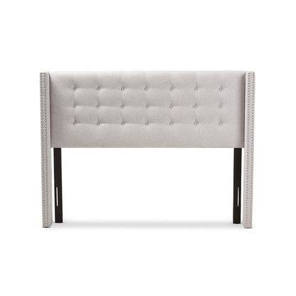 Greyish Beige Fabric Button-Tufted Nail head King Size Winged Headboard