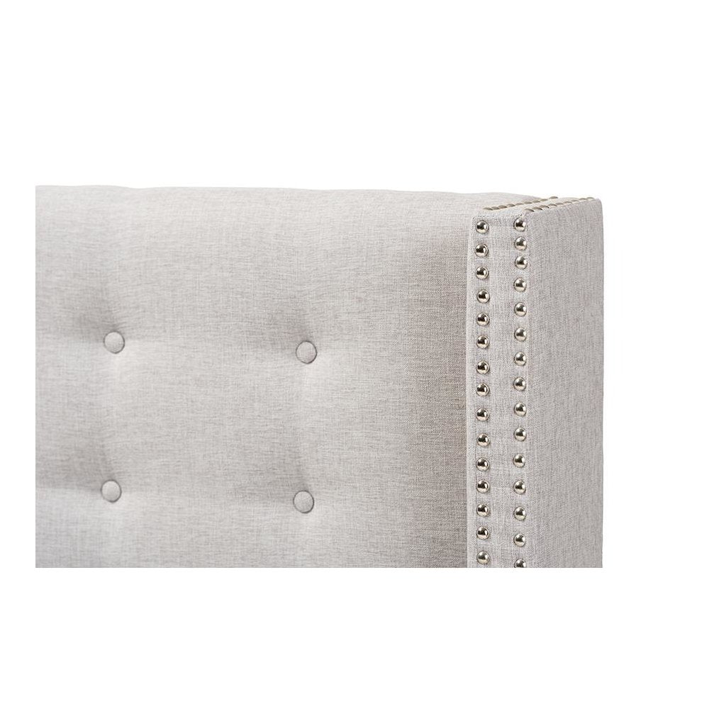 Greyish Beige Fabric Button-Tufted Nail head King Size Winged Headboard