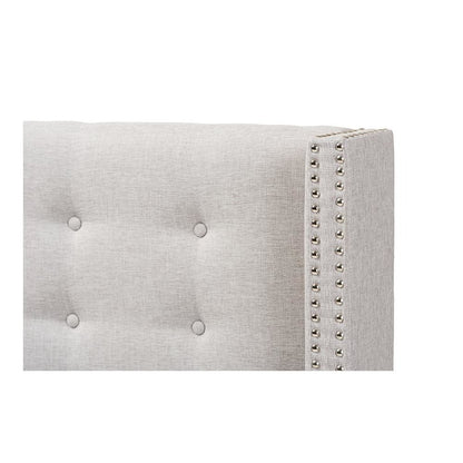 Greyish Beige Fabric Button-Tufted Nail head King Size Winged Headboard