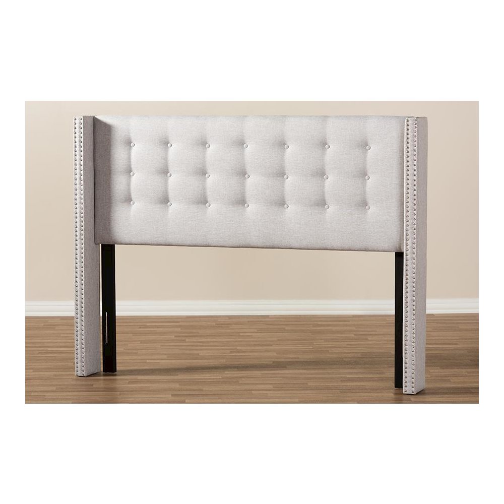 Greyish Beige Fabric Button-Tufted Nail head King Size Winged Headboard