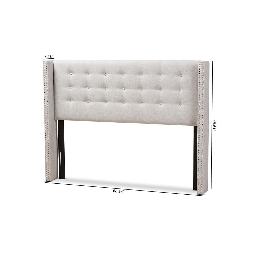 Greyish Beige Fabric Button-Tufted Nail head King Size Winged Headboard