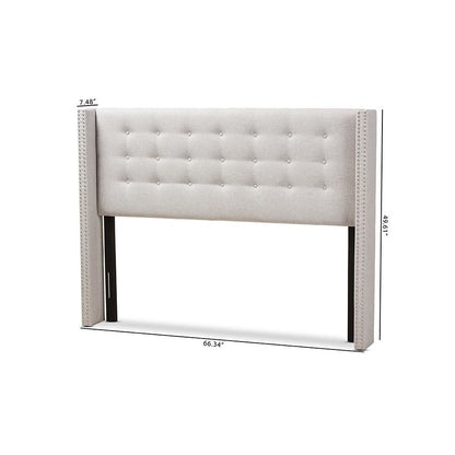Greyish Beige Fabric Button-Tufted Nail head King Size Winged Headboard