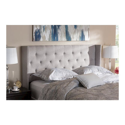 Greyish Beige Fabric Button-Tufted Nail head King Size Winged Headboard
