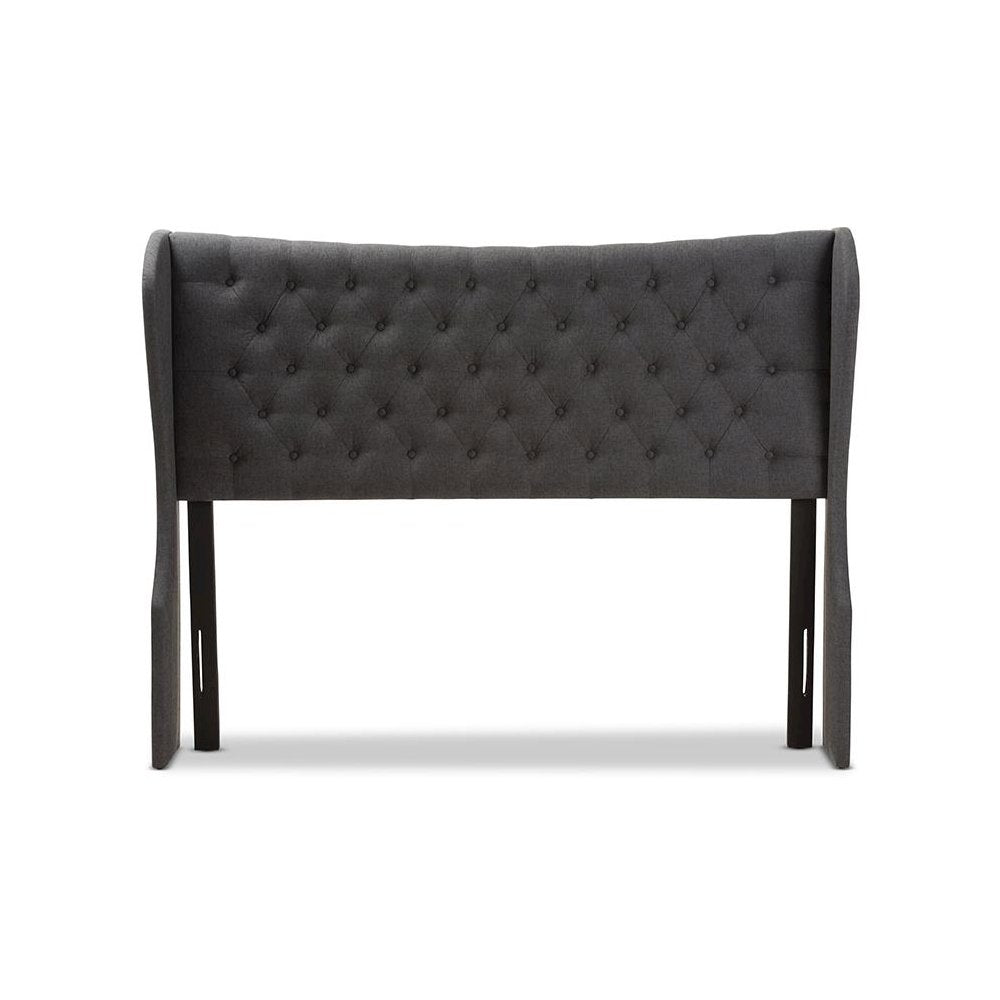 Dark Grey Fabric Button-Tufted Queen Size Winged Headboard
