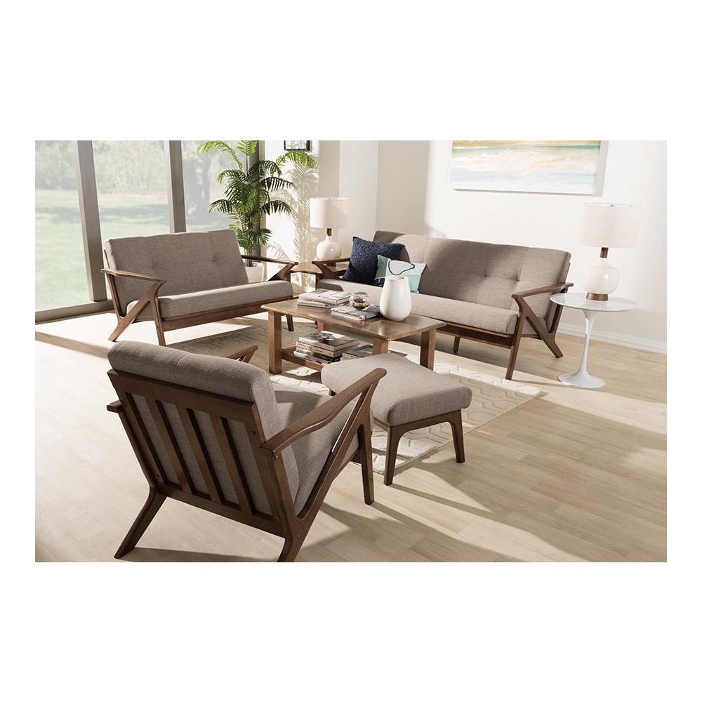 Walnut Wood Light Grey Fabric Tufted Livingroom Sofa Set