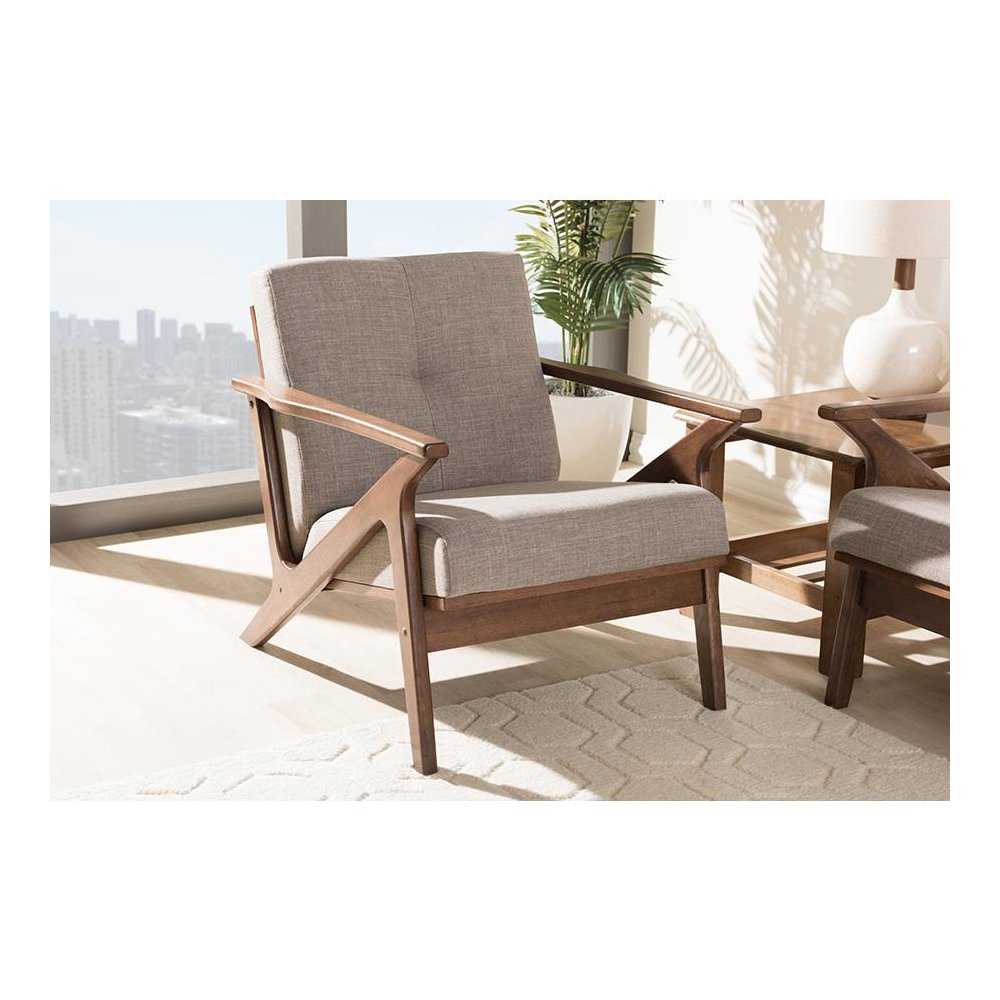 Bianca Mid-Century Modern Walnut Wood Light Grey Fabric Tufted Lounge Chair