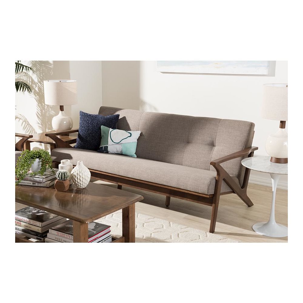 Bianca Mid-Century Modern Walnut Wood Light Grey Fabric Tufted 3-Seater Sofa