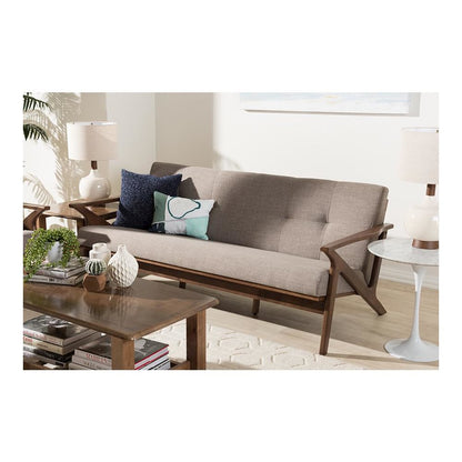 Bianca Mid-Century Modern Walnut Wood Light Grey Fabric Tufted 3-Seater Sofa