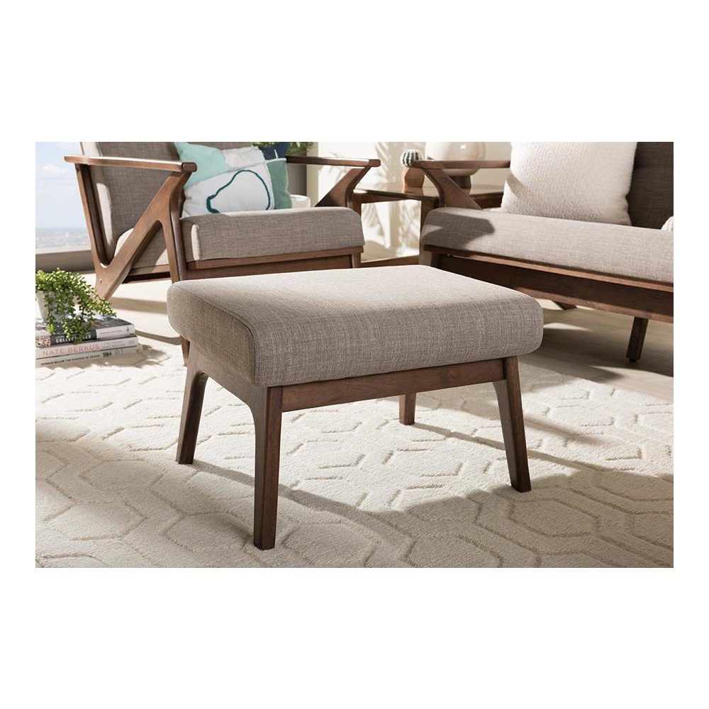 Baxton Studio Bianca Mid-Century Modern Walnut Wood Light Grey Fabric Ottoman