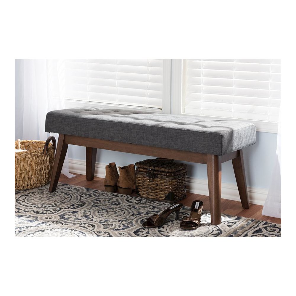 Elia Mid-Century Modern Walnut Wood Dark Grey Fabric Button-Tufted Bench