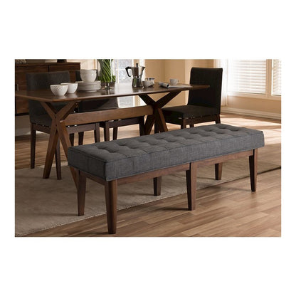 Lucca Mid-Century Modern Walnut Wood Dark Grey Fabric Button-Tufted Bench