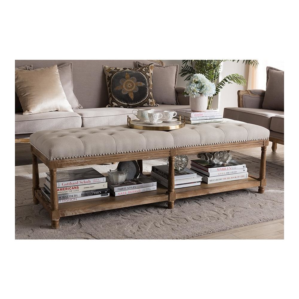 Celeste French Country Weathered Oak Beige Linen Upholstered Ottoman Bench