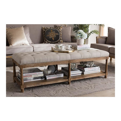 Celeste French Country Weathered Oak Beige Linen Upholstered Ottoman Bench