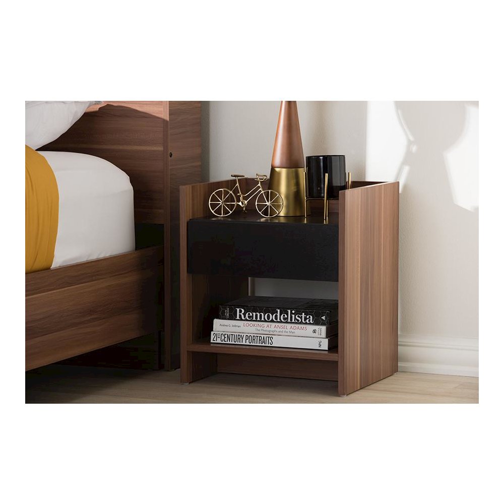 Vanda Modern and Contemporary Two-Tone Walnut and Black Wood 1-Drawer Nightstand