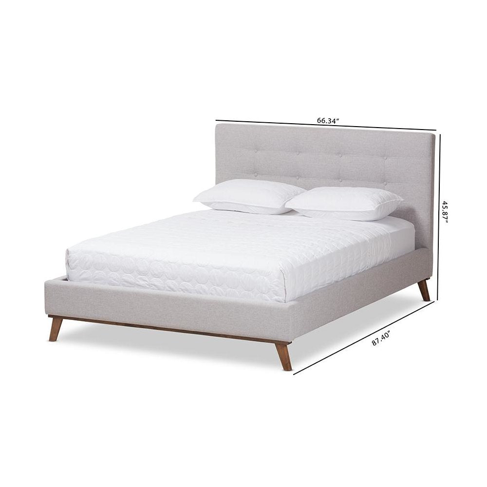 Valencia Mid-Century Modern Greyish Beige Fabric Queen Size Platform Bed