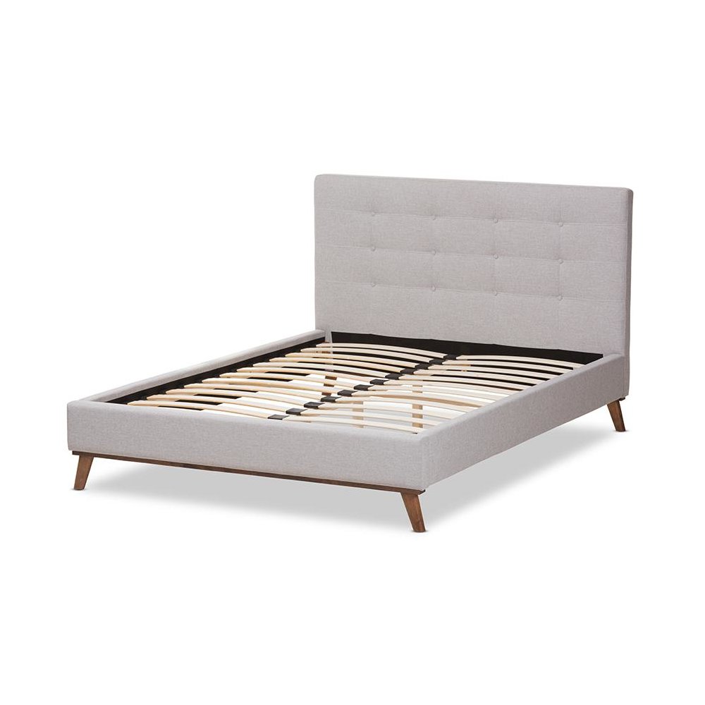 Valencia Mid-Century Modern Greyish Beige Fabric Queen Size Platform Bed