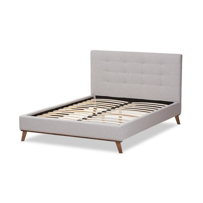 Valencia Mid-Century Modern Greyish Beige Fabric Queen Size Platform Bed