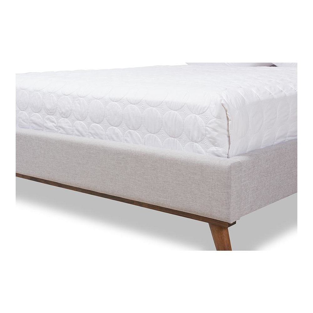 Valencia Mid-Century Modern Greyish Beige Fabric Queen Size Platform Bed