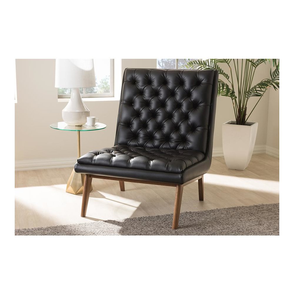 Leather Upholstered Walnut Finished Wood Lounge Chair