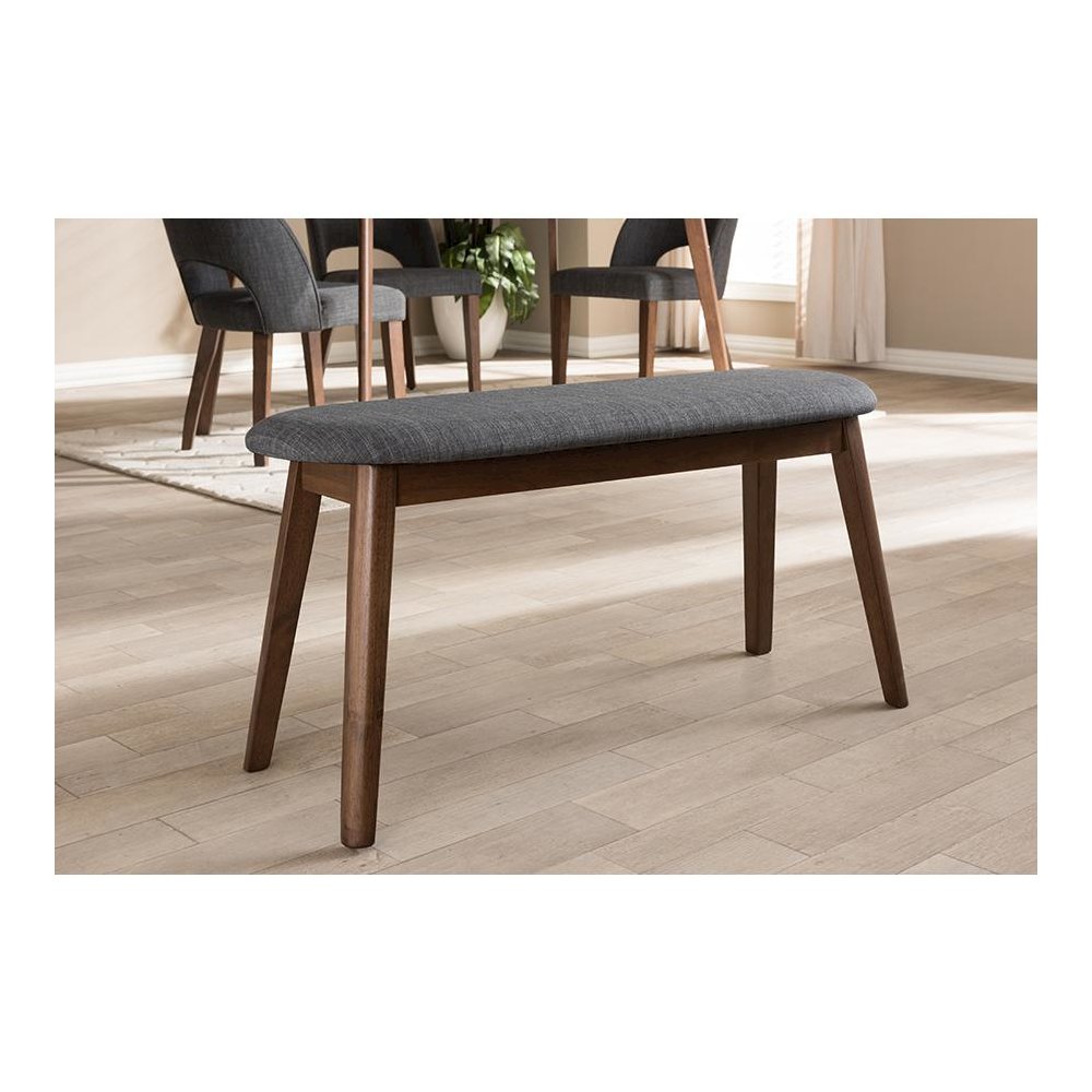 Dark Grey Fabric Upholstered Walnut Finished Wood Bench