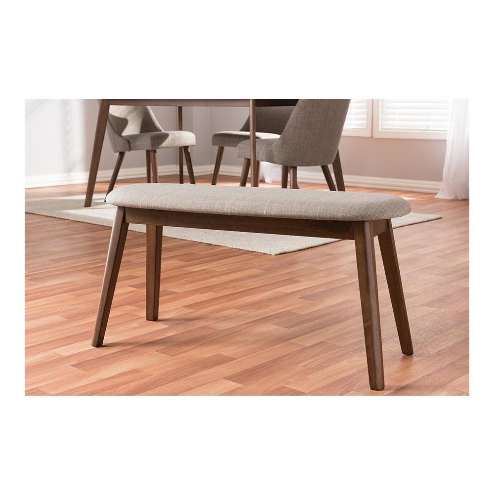 Light Grey Fabric Upholstered Walnut Finished Wood Bench