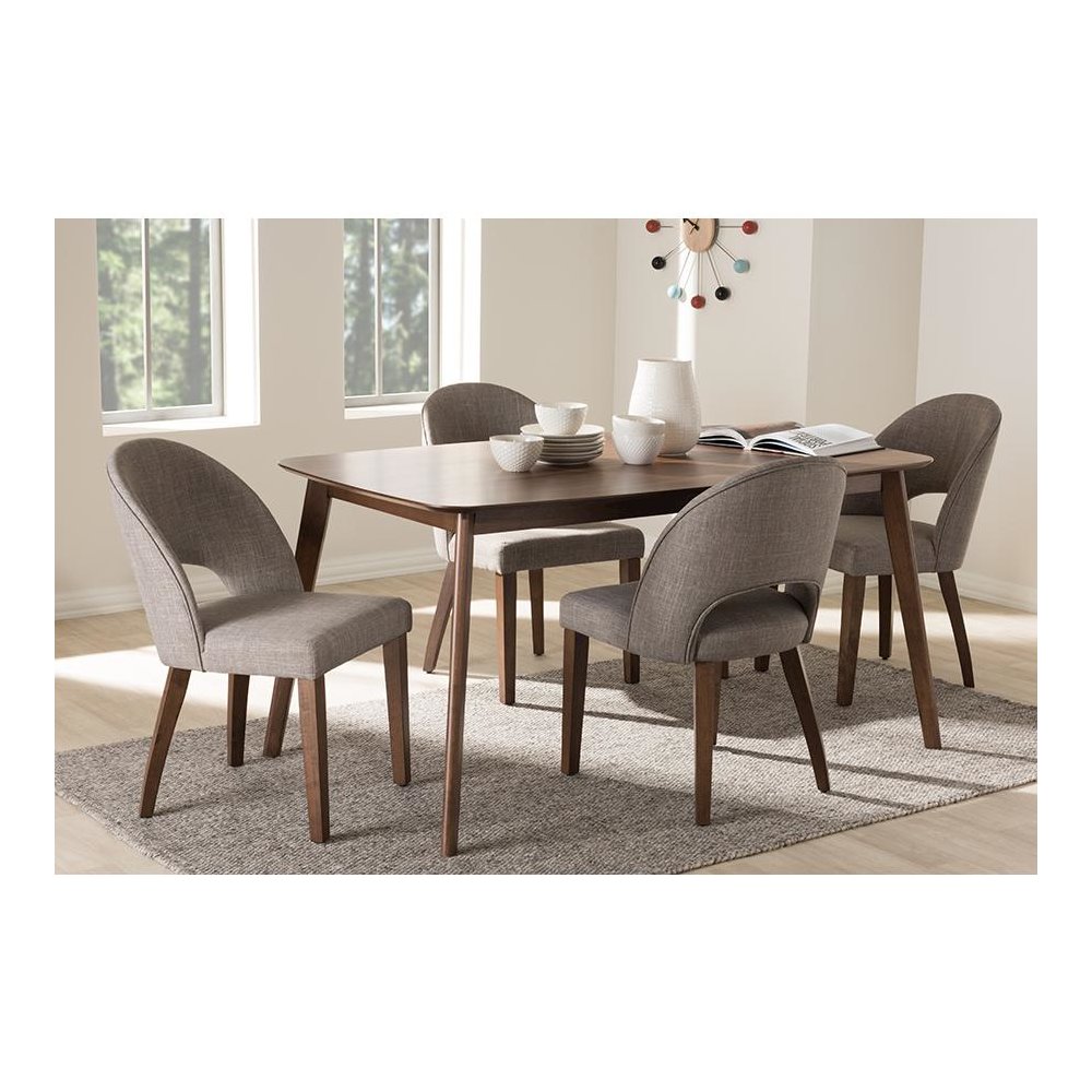 Light Grey Fabric Upholstered Walnut Finished Wood 5-Piece Dining Set