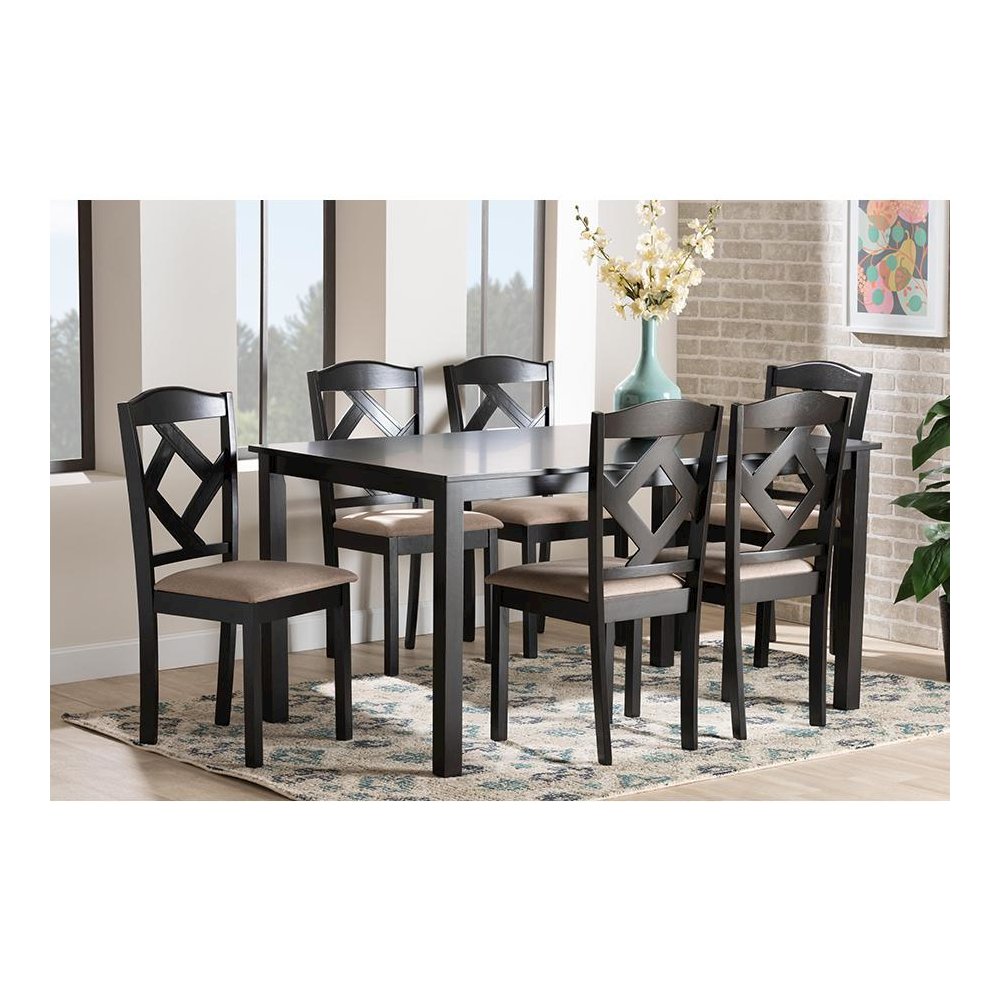 Ruth Sand Fabric Upholstered and Dark Brown Finished Wood 7-Piece Dining Set
