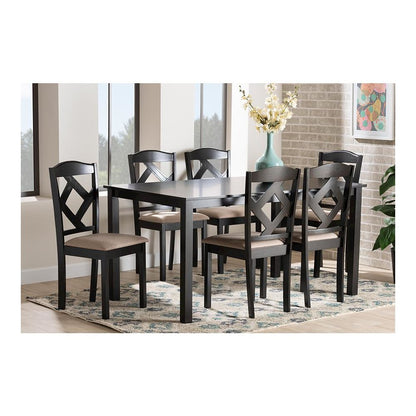 Ruth Sand Fabric Upholstered and Dark Brown Finished Wood 7-Piece Dining Set