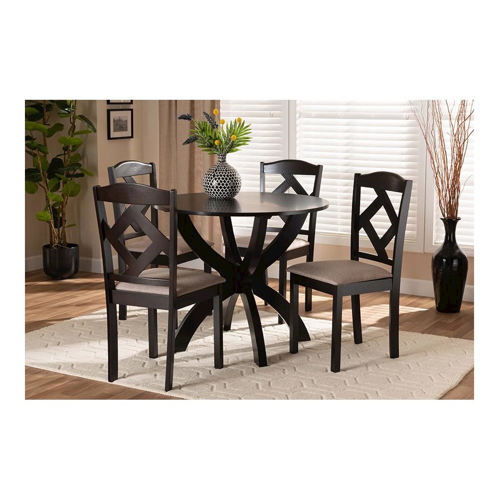 Sand Fabric Upholstered and Dark Brown Finished Wood 5-Piece Dining Set