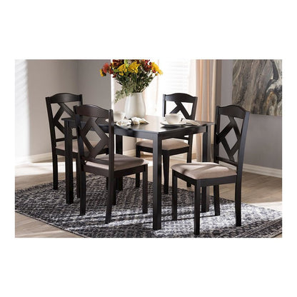 Beige Fabric Upholstered and Dark Brown Finished 5-Piece Dining Set
