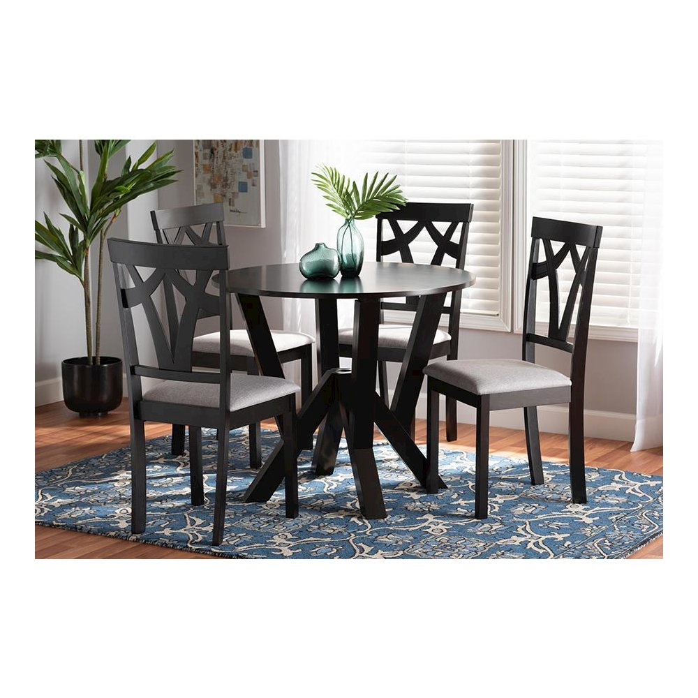 Grey Fabric Upholstered and Dark Brown Finished Wood 5-Piece Dining Set