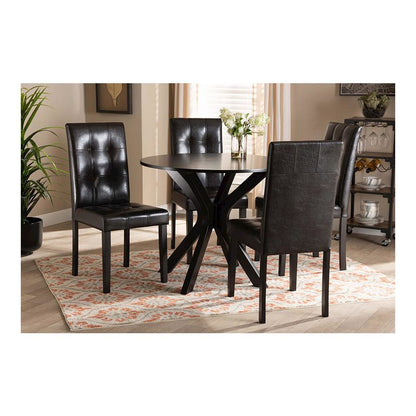 Leather Upholstered and Dark brown Finished Wood 5-Piece Dining Set