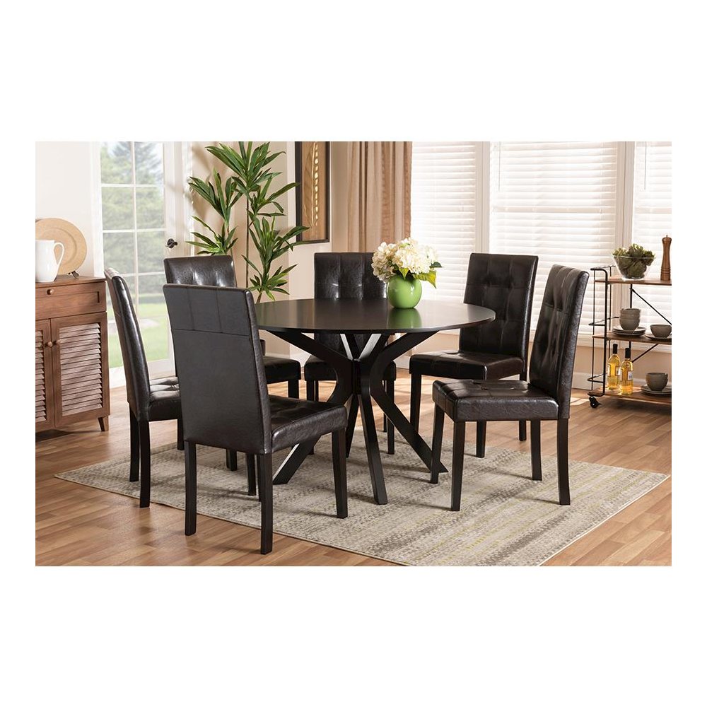 Leather Upholstered and Dark brown Finished Wood 7-Piece Dining Set