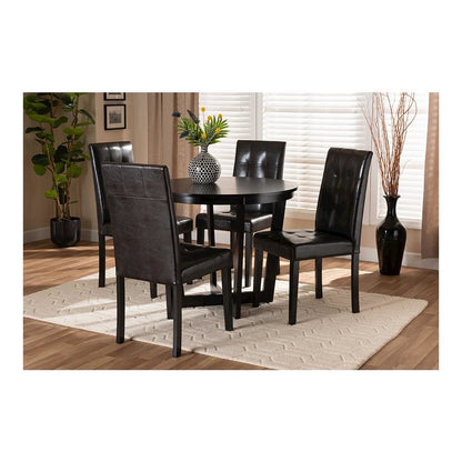 Leather Upholstered and Dark Brown Finished Wood 5-Piece Dining Set