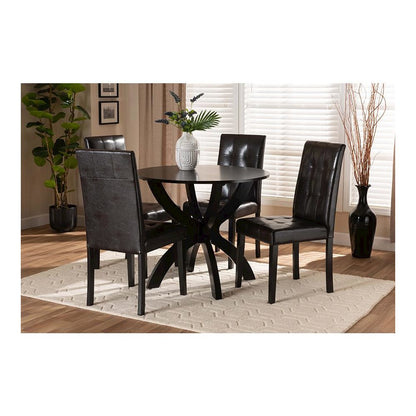 Leather Upholstered and Dark Brown Finished Wood 5-Piece Dining Set