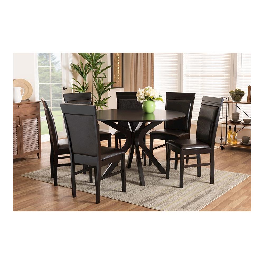 Leather Upholstered and Dark Brown Finished Wood 7-Piece Dining Set