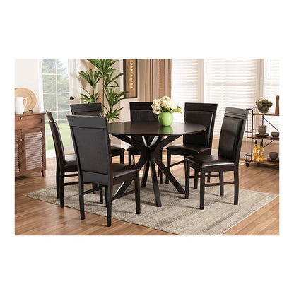 Leather Upholstered and Dark Brown Finished Wood 7-Piece Dining Set