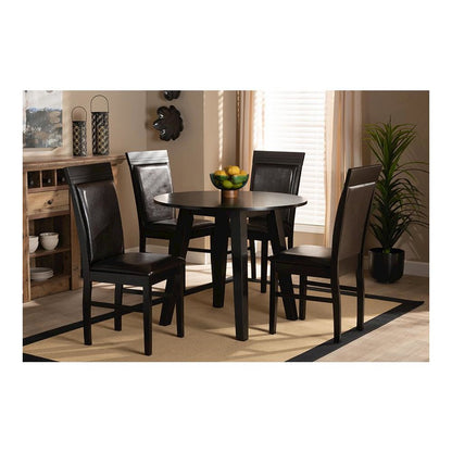 Leather Upholstered and Dark Brown Finished Wood 5-Piece Dining Set