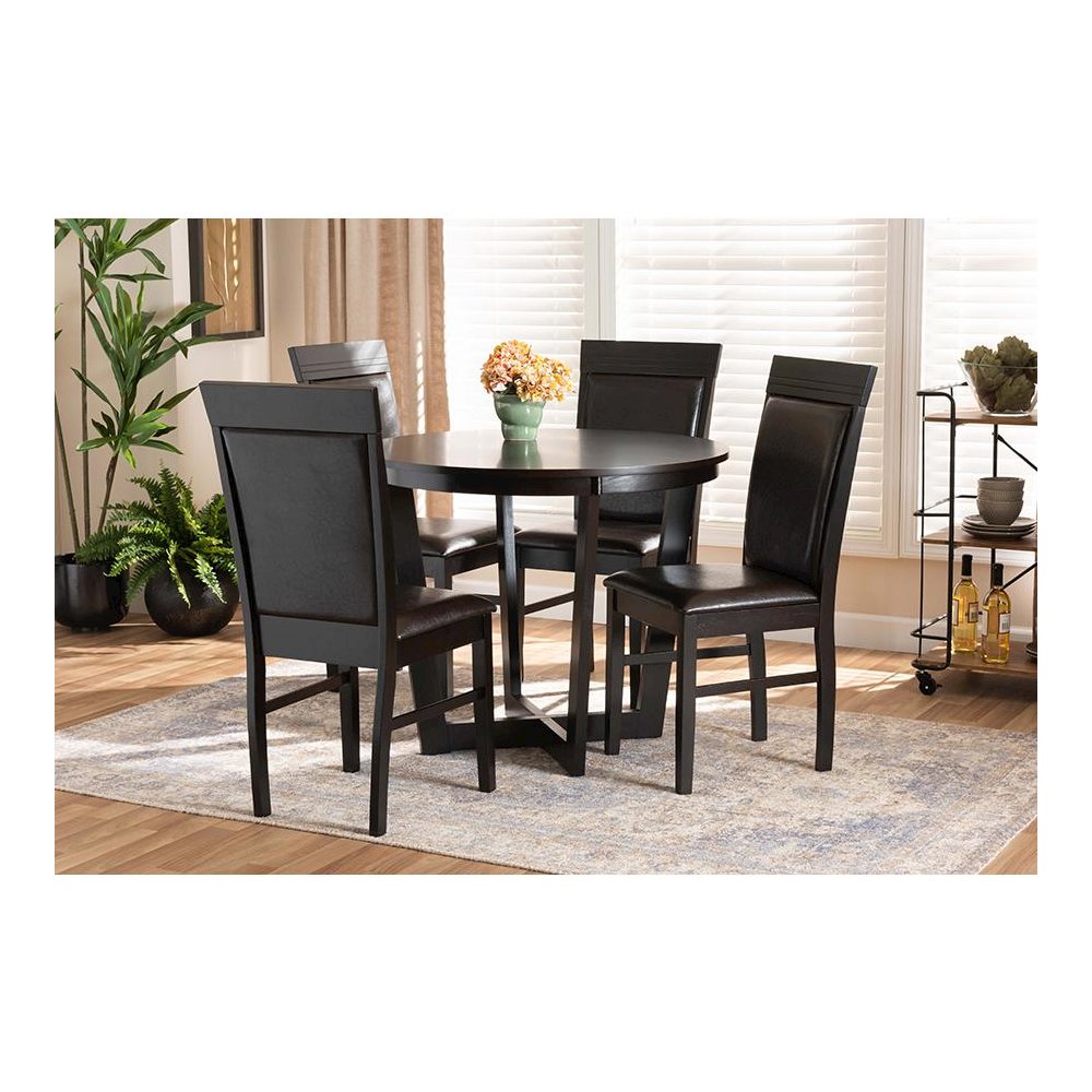 Leather Upholstered and Dark Brown Finished Wood 5-Piece Dining Set