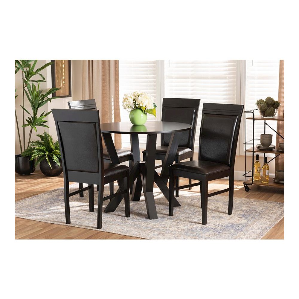 Leather Upholstered and Dark Brown Finished Wood 5-Piece Dining Set