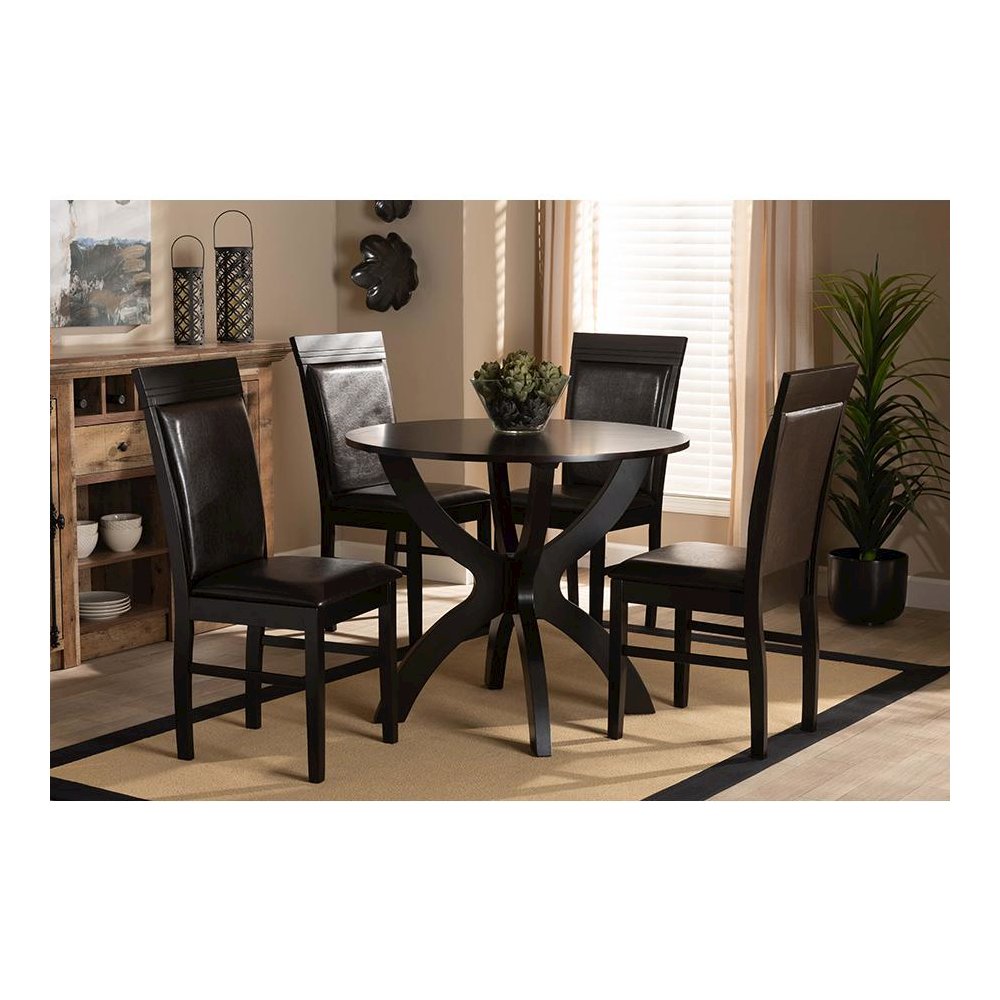 Leather Upholstered and Dark Brown Finished Wood 5-Piece Dining Set