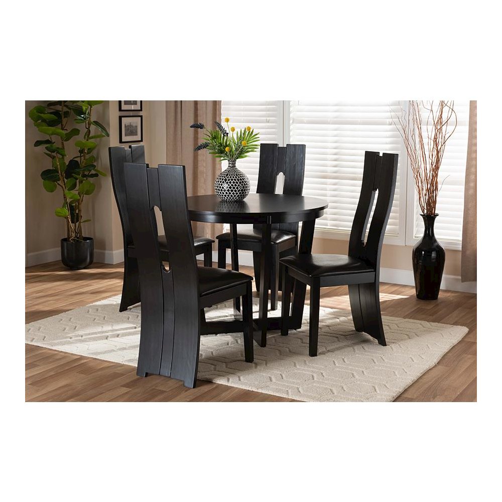 Leather Upholstered and Dark Brown Finished Wood 5-Piece Dining Set