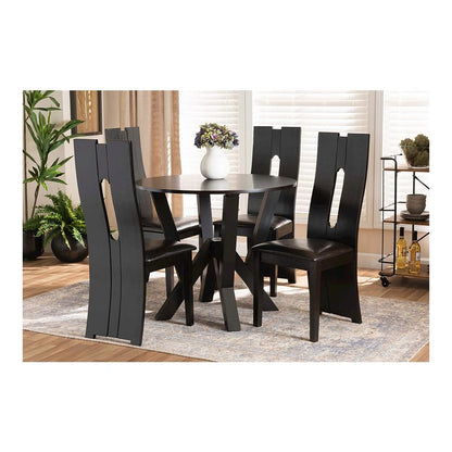 Leather Upholstered and Dark Brown Finished Wood 5-Piece Dining Set