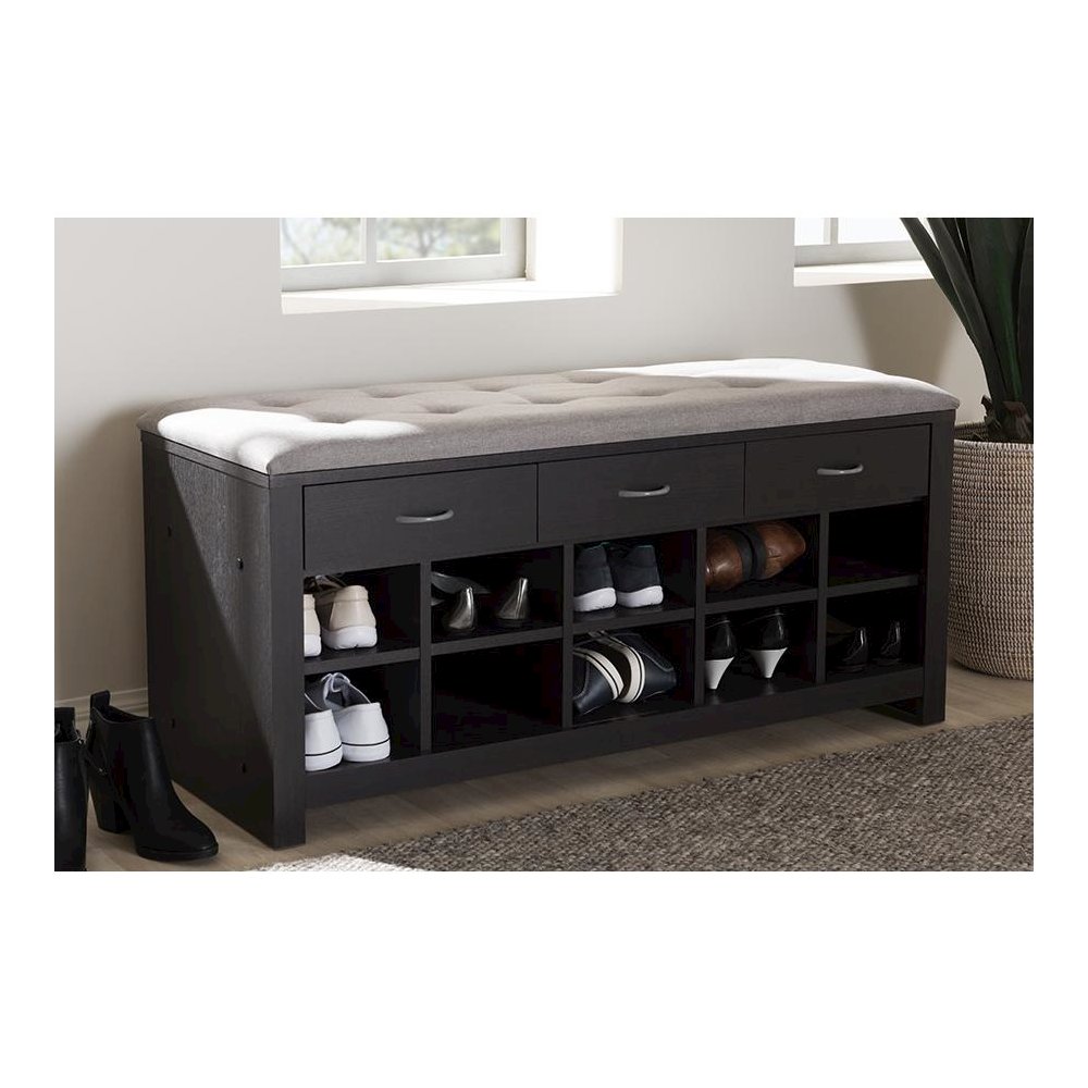 Espresso Finished Grey Fabric Upholstered Cushioned Entryway Bench